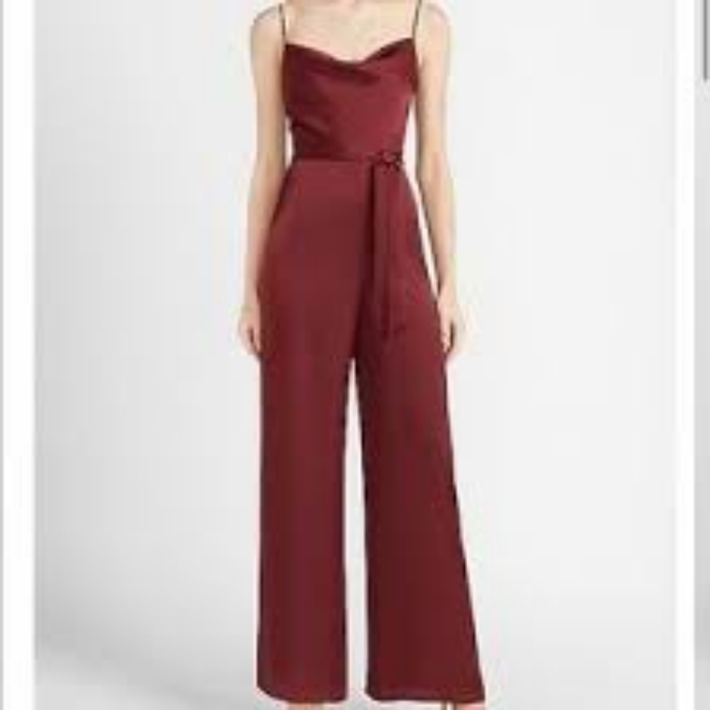 Express bordeaux cowl neck satin jumpsuit NWT, size L